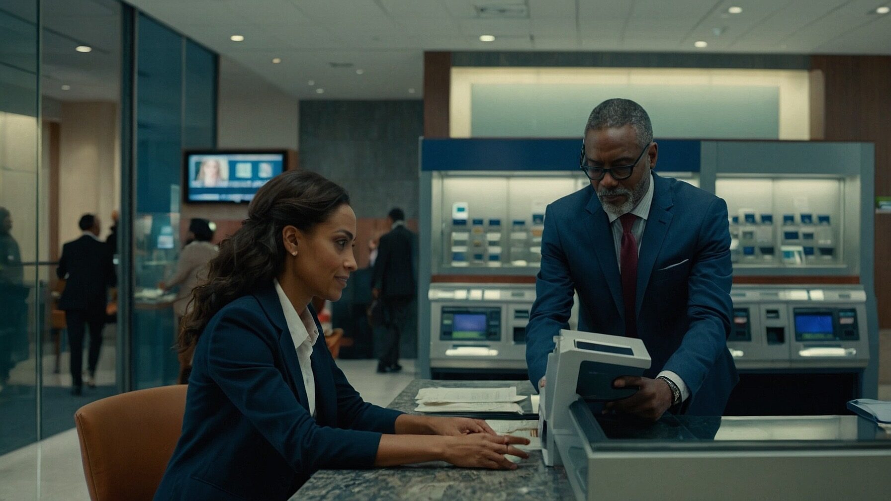 Two employees working on the future of banking project.