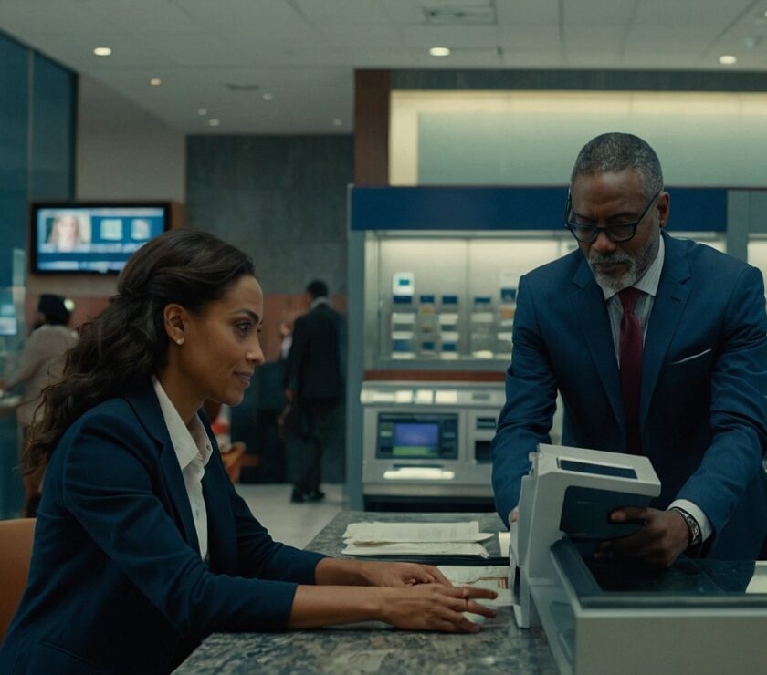 Two employees working on the future of banking project.