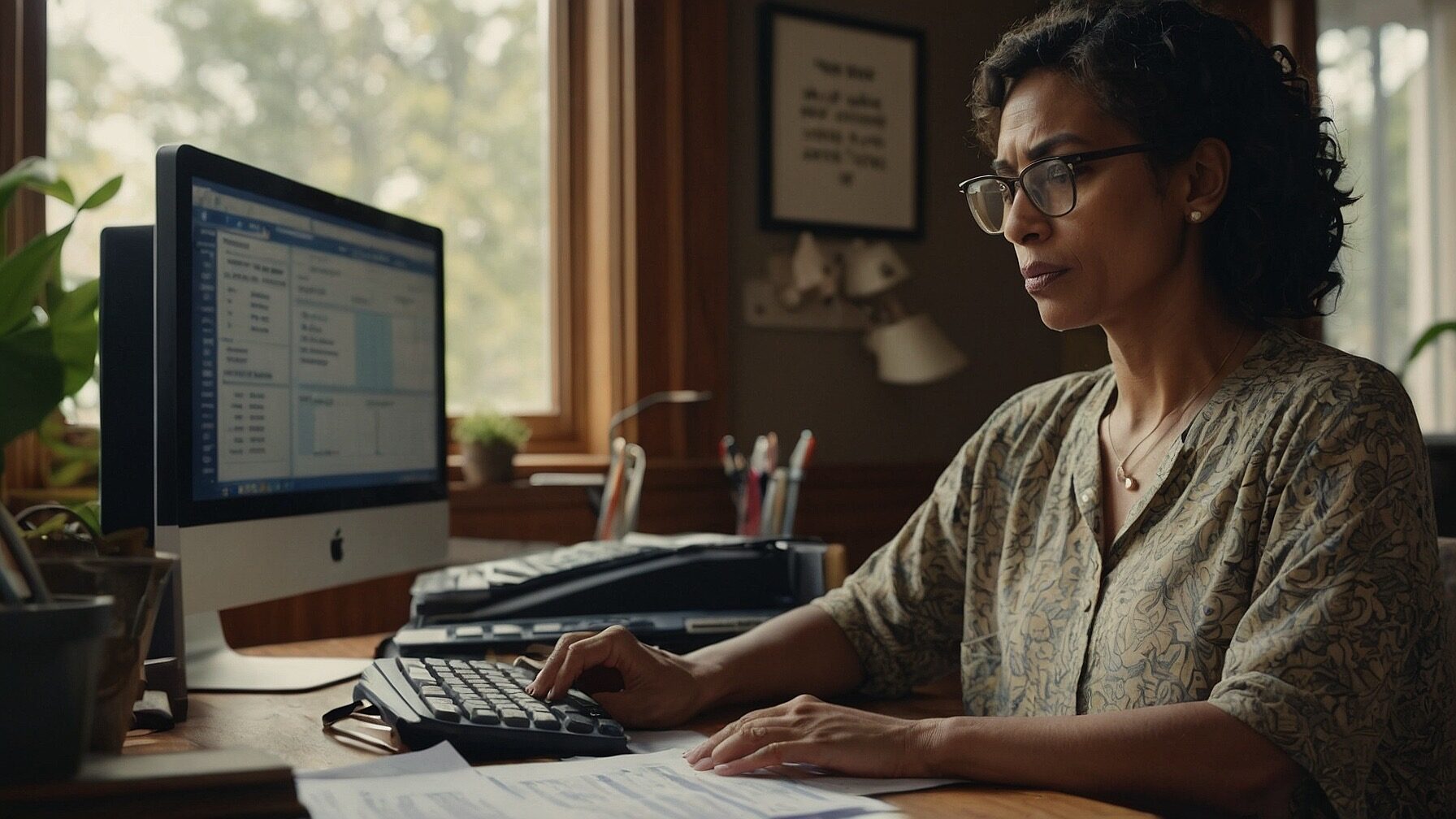 Woman sitting at home desk during tax filing season.