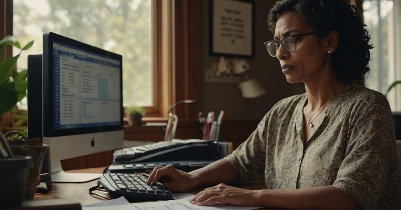 Woman sitting at home desk during tax filing season.