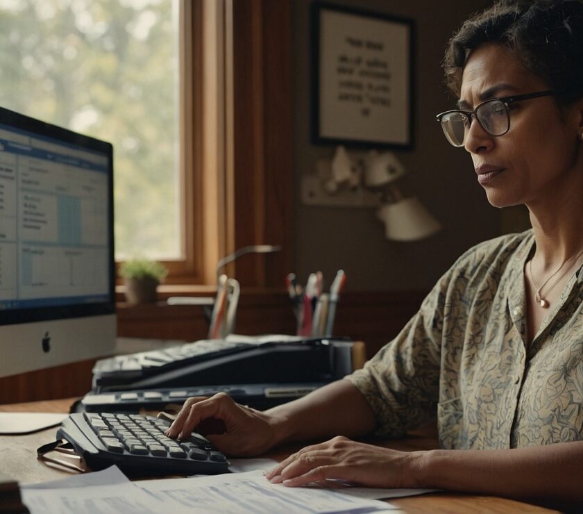 Woman sitting at home desk during tax filing season.