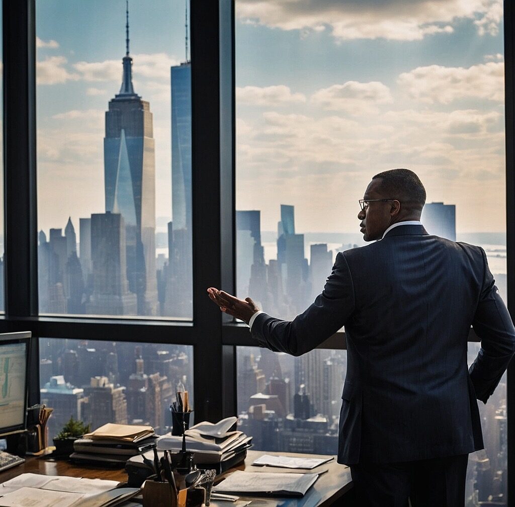 Traditional banking vs FinTech. Banker looks out his office window to the Manhattan skyline.