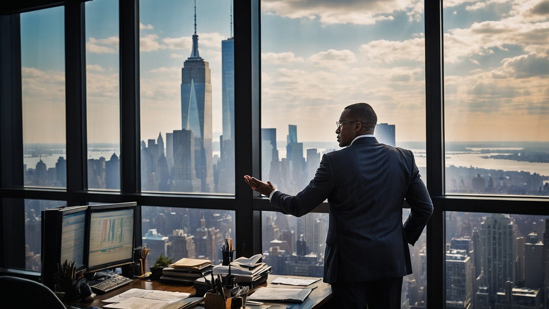 Traditional banking vs FinTech. Banker looks out his office window to the Manhattan skyline.