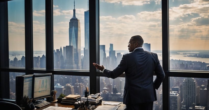 Traditional banking vs FinTech. Banker looks out his office window to the Manhattan skyline.