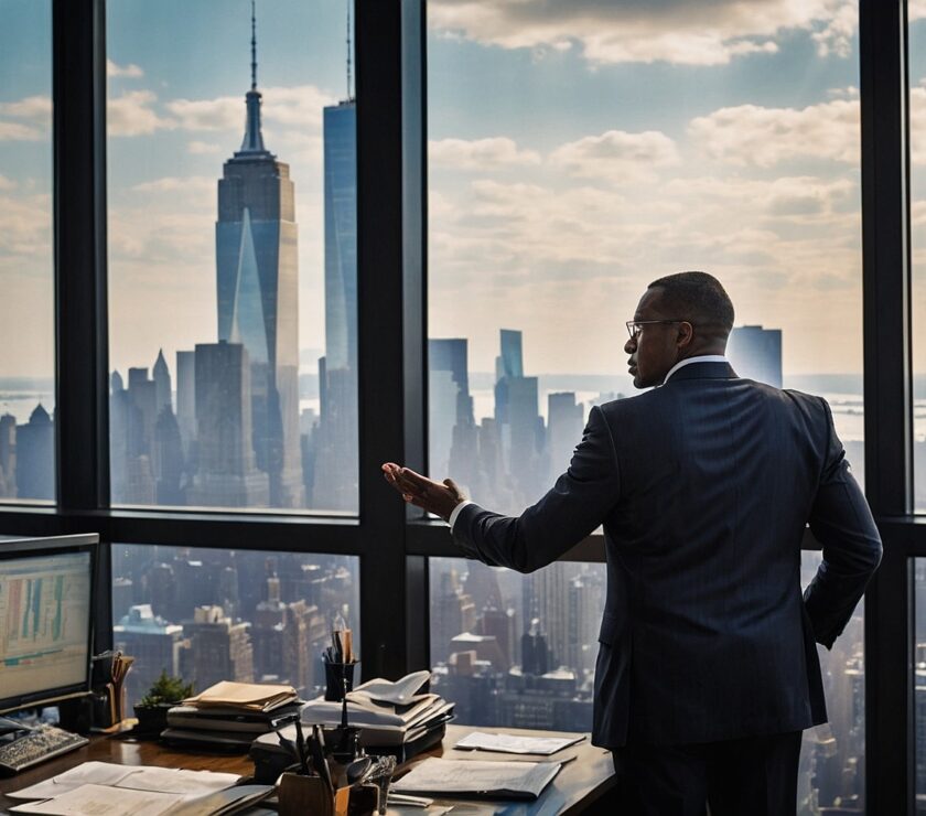 Traditional banking vs FinTech. Banker looks out his office window to the Manhattan skyline.