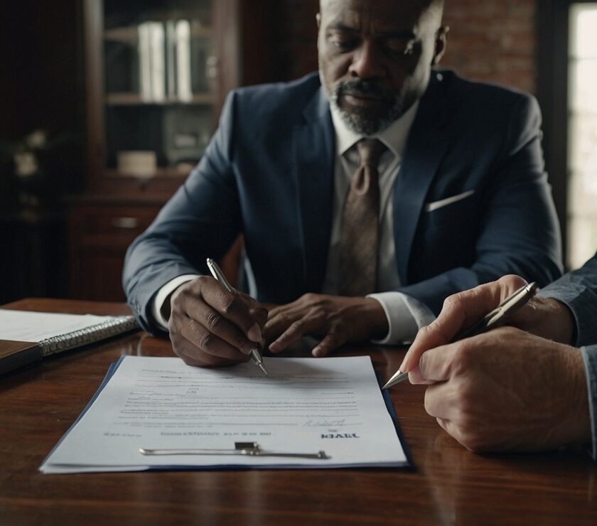 A borrower signing an emergency loans contract, highlighting the importance of reading terms carefully.