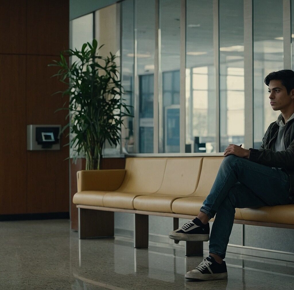 Young sitting in the bank waiting to apply for a loans and credit.