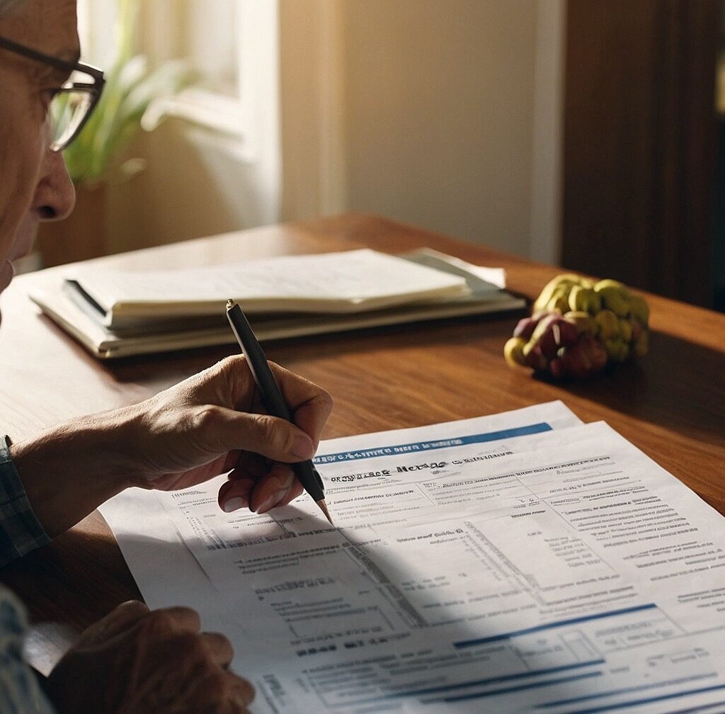 Homeowner reviewing mortgage documents and calculating potential savings