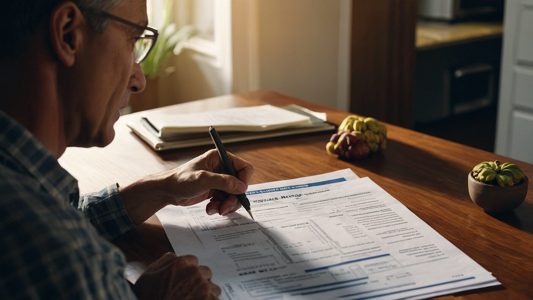 Homeowner reviewing mortgage documents and calculating potential savings