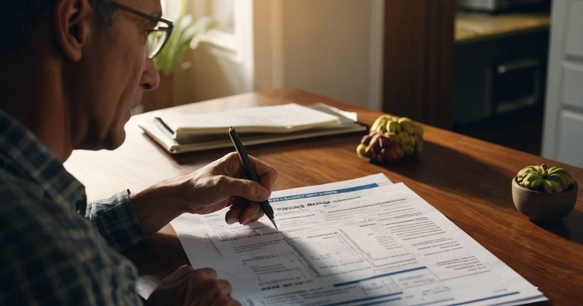 Homeowner reviewing mortgage documents and calculating potential savings