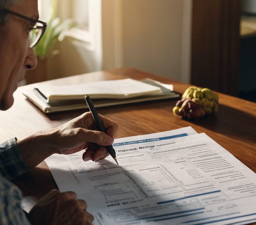 Homeowner reviewing mortgage documents and calculating potential savings