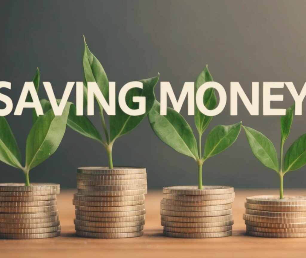The words saving money with coins and plants in background.