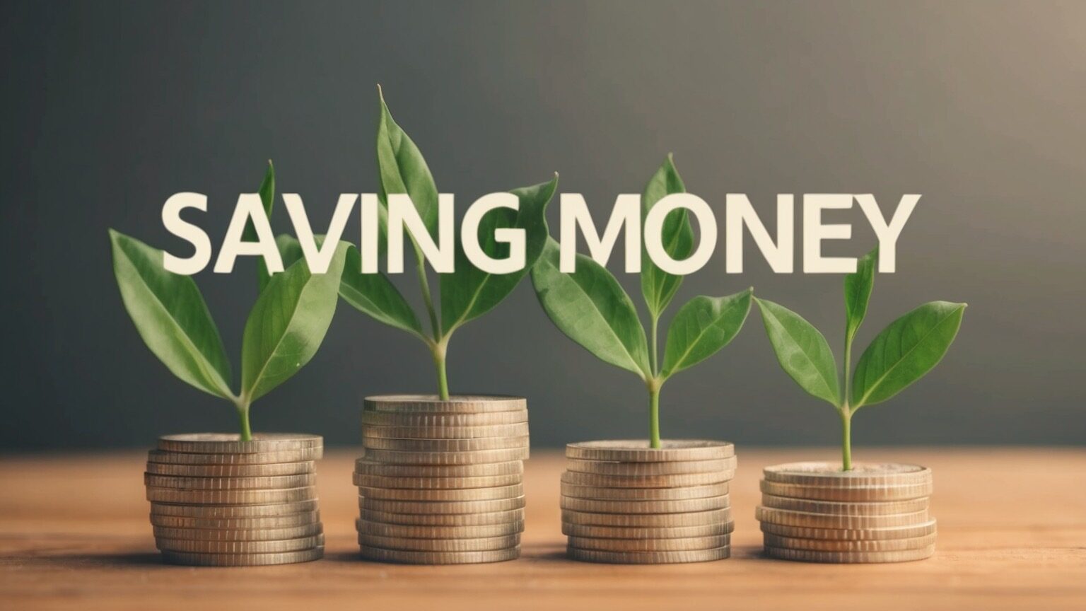 The words saving money with coins and plants in background.