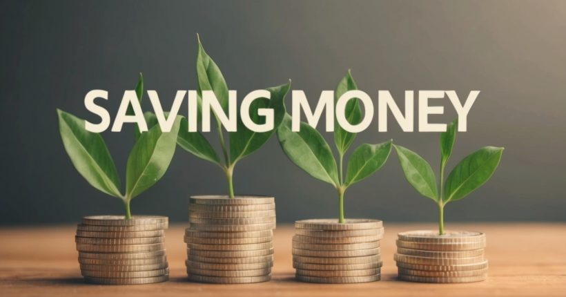 The words saving money with coins and plants in background.