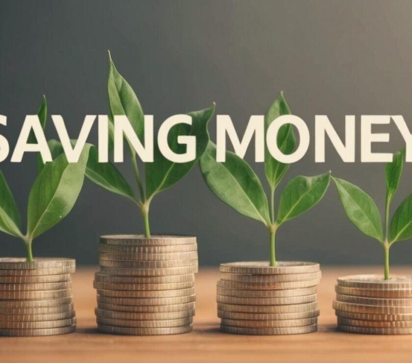 The words saving money with coins and plants in background.