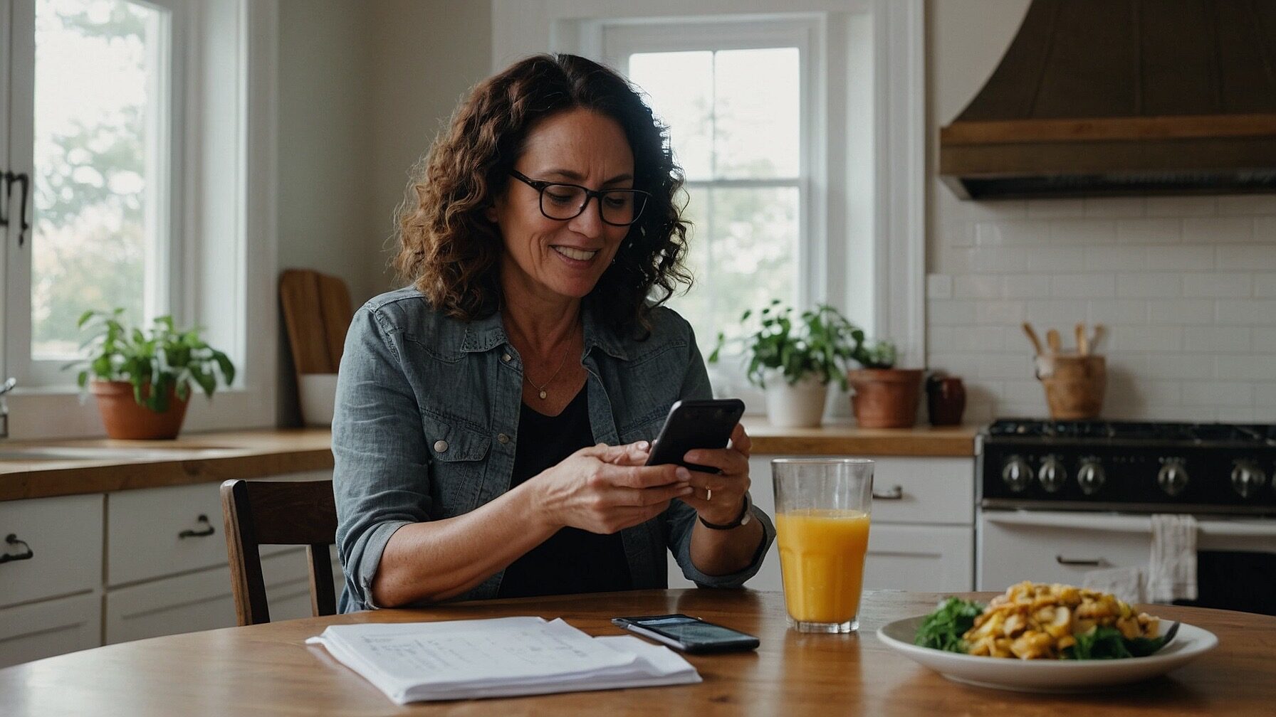 A mom sits at table using a smart saving strategies app.
