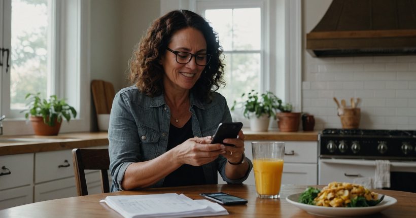 A mom sits at table using a smart saving strategies app.