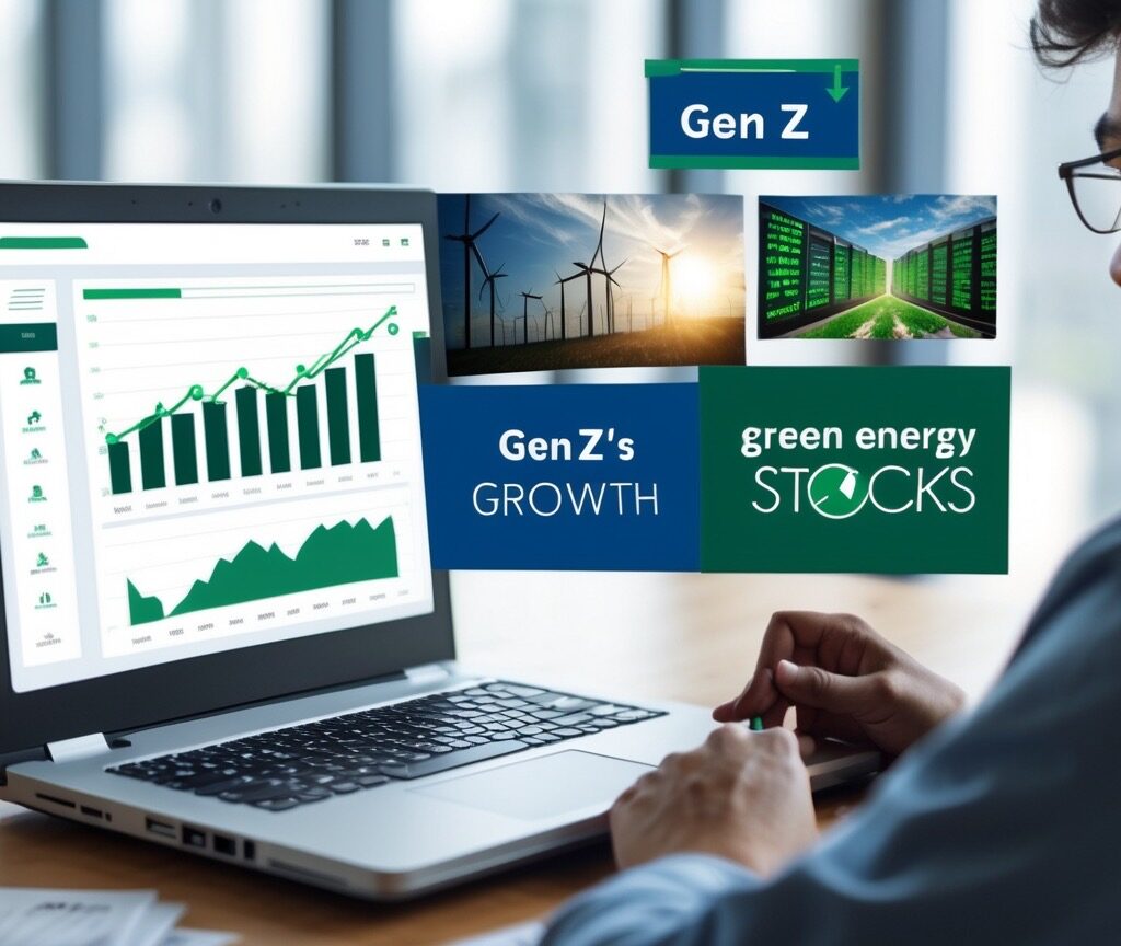 Young investor reviewing portfolio, best investments for 2025 growth, green energy stocks rising..