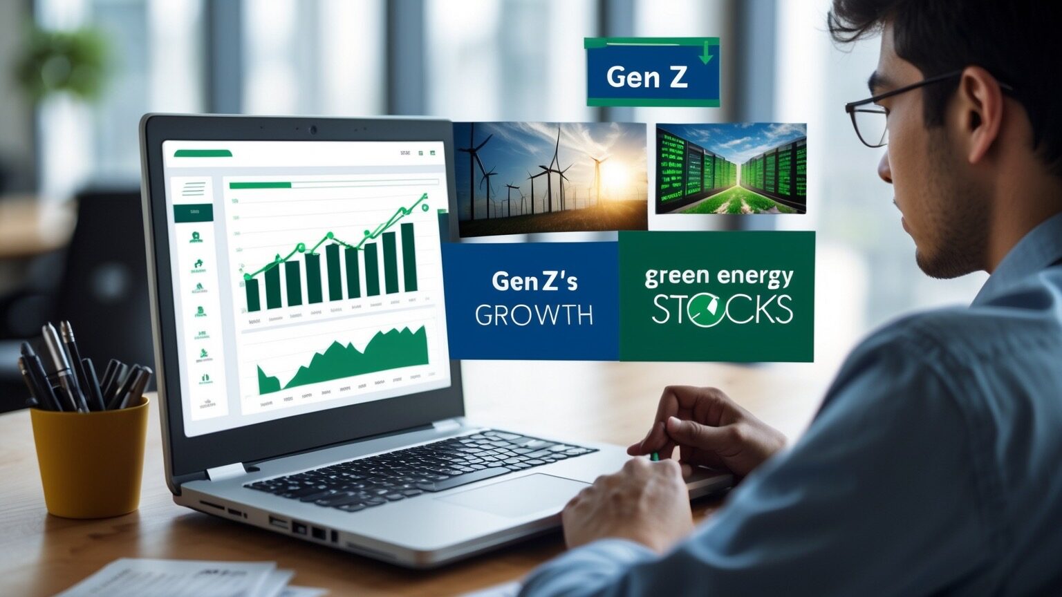 Young investor reviewing portfolio, best investments for 2025 growth, green energy stocks rising..