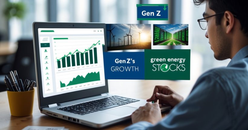 Young investor reviewing portfolio, best investments for 2025 growth, green energy stocks rising..
