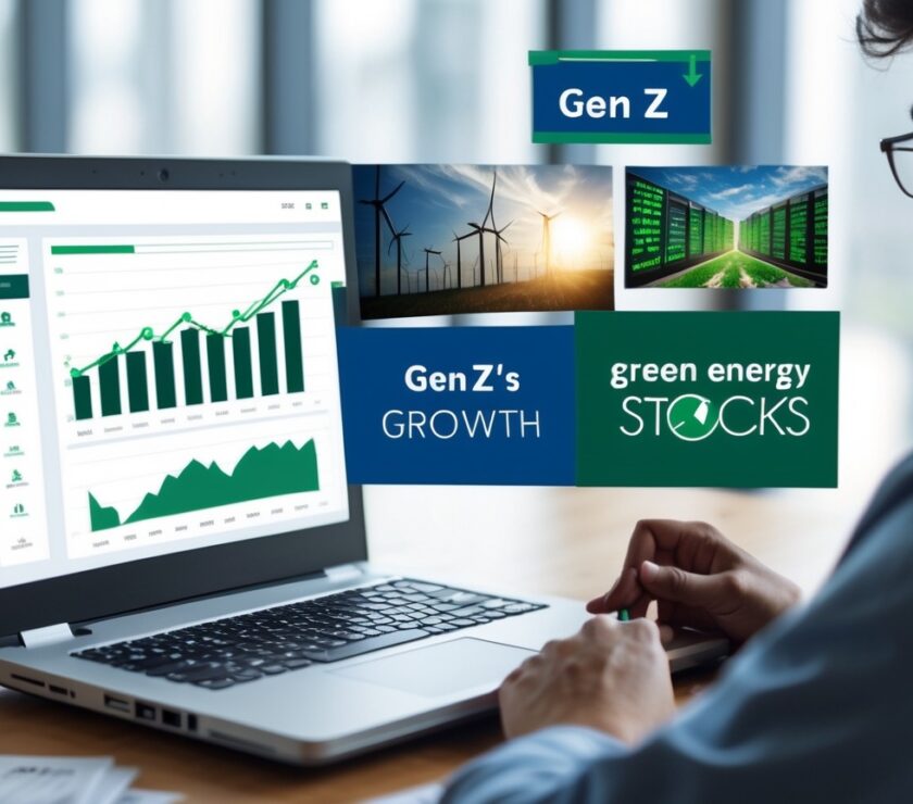 Young investor reviewing portfolio, best investments for 2025 growth, green energy stocks rising..