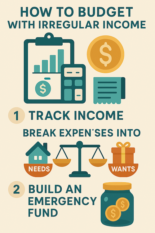 nfographic showing how to budget with irregular income including tracking income, breaking expenses into needs vs. wants, and building an emergency fund.