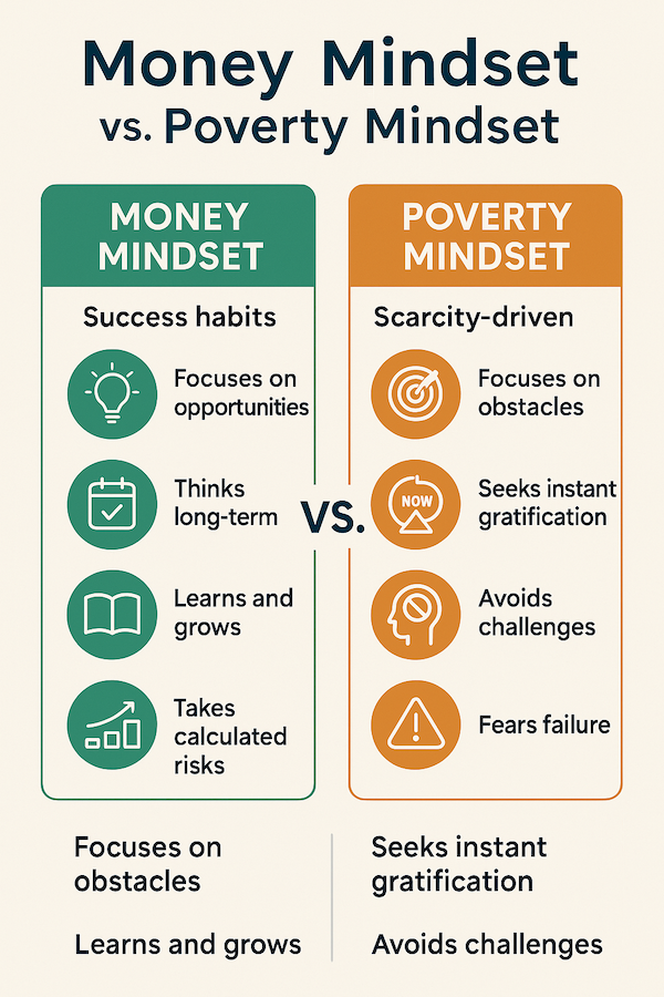 Side-by-side infographic comparing habits of a success-driven vs. scarcity-driven mindset. Keywords: money mindset, save money on your mortgage, success habits