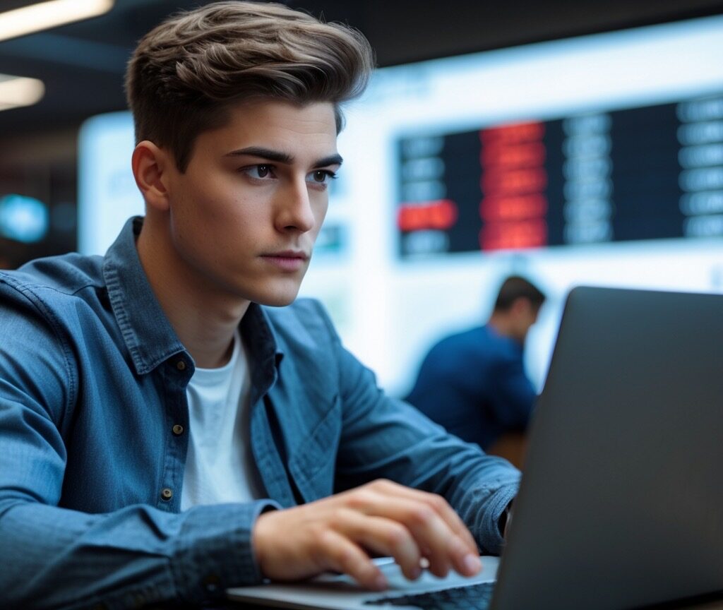 Gen Z male at trader desk checking stock market flucuations.