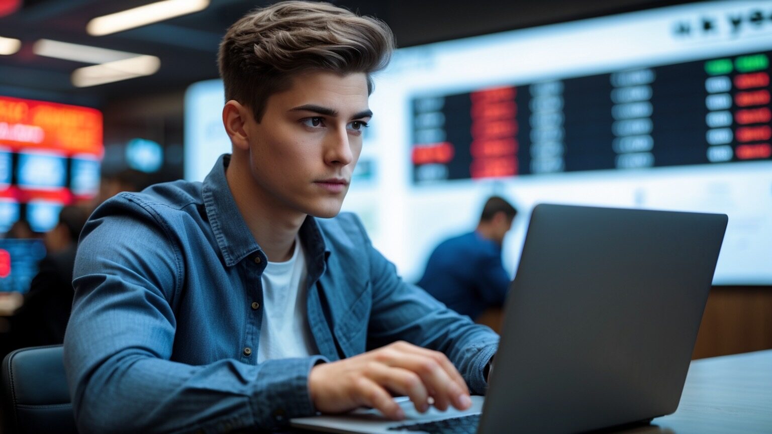 Gen Z male at trader desk checking stock market flucuations.