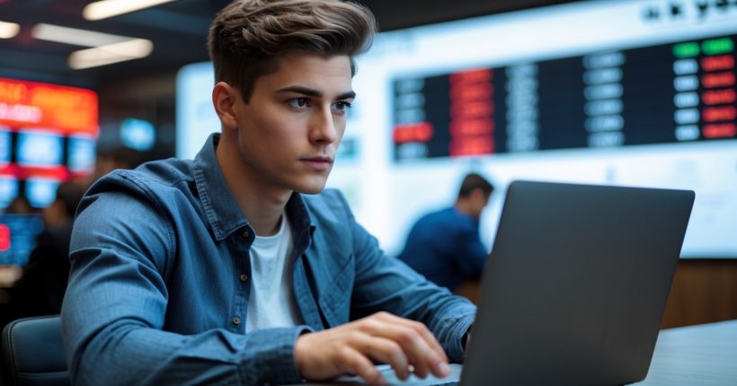 Gen Z male at trader desk checking stock market flucuations.