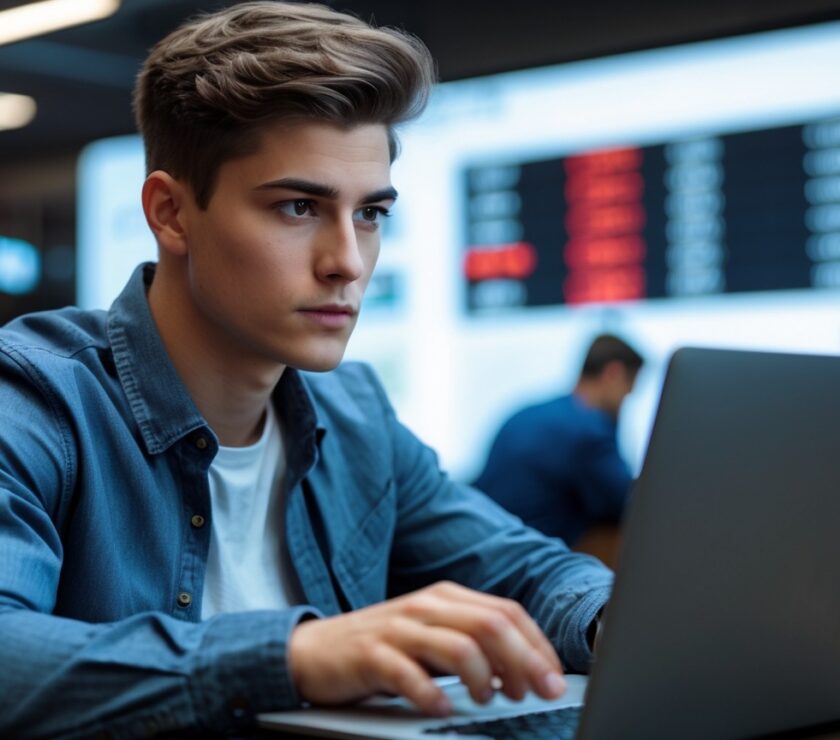 Gen Z male at trader desk checking stock market flucuations.