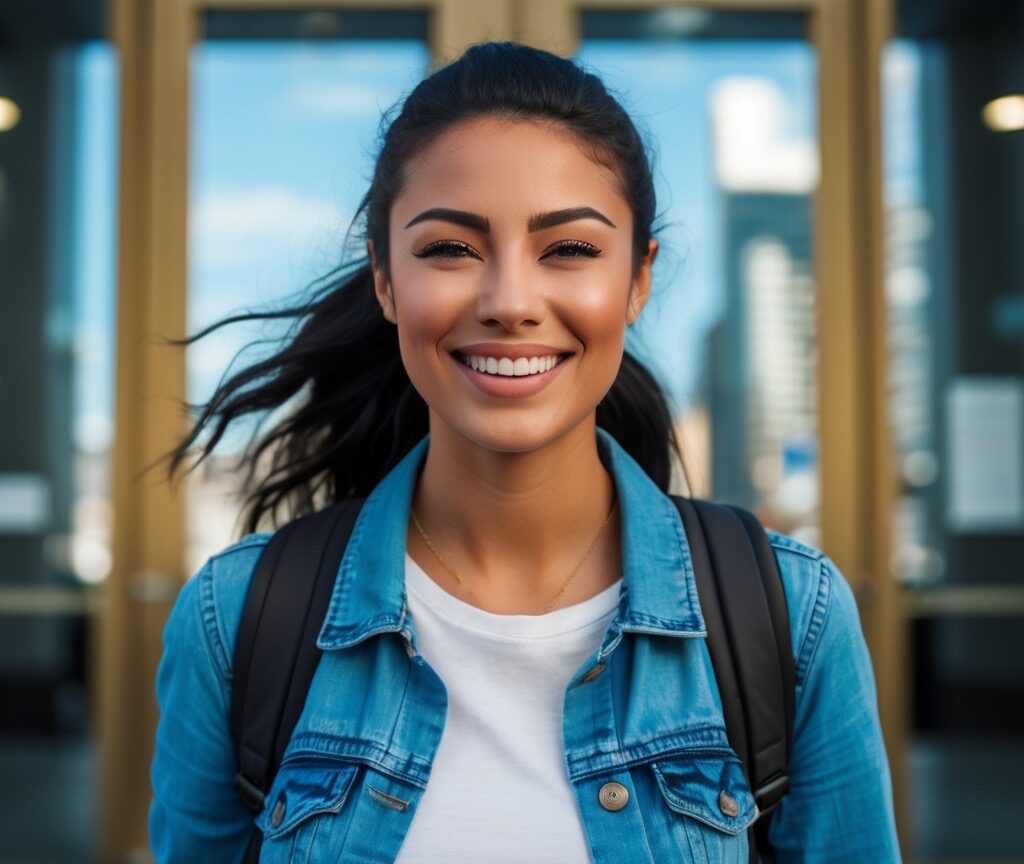 Gen Z woman leaving a bank smiling because of her success having a money mindset.