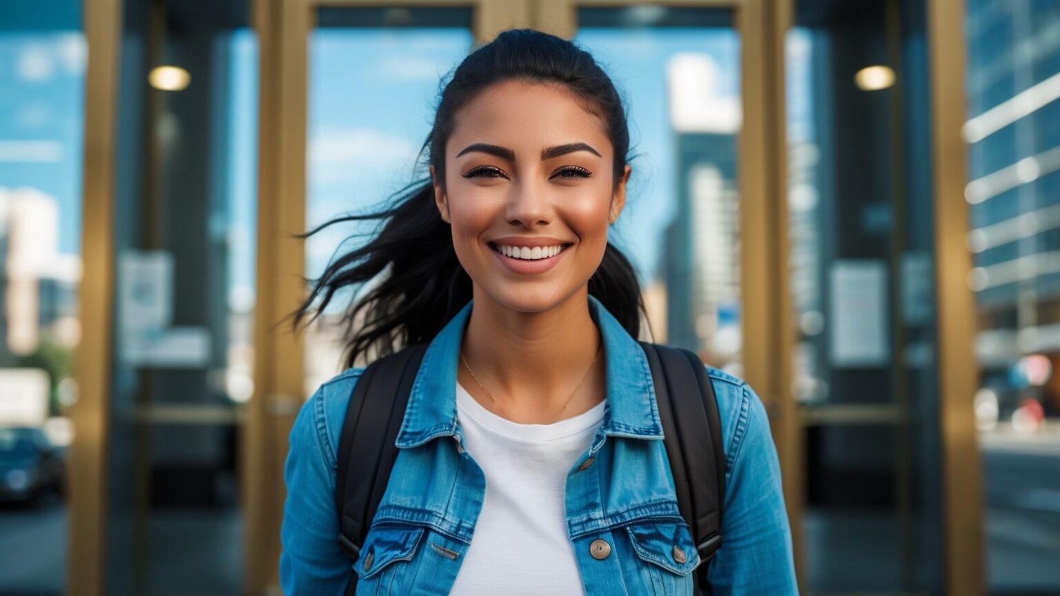 Gen Z woman leaving a bank smiling because of her success having a money mindset.