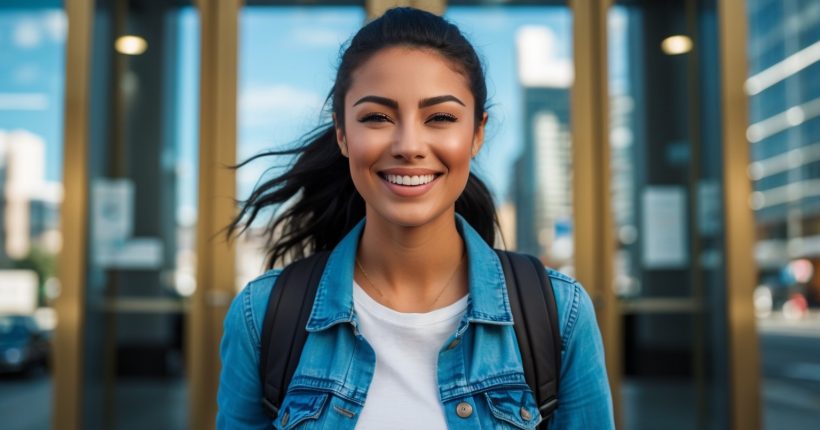 Gen Z woman leaving a bank smiling because of her success having a money mindset.