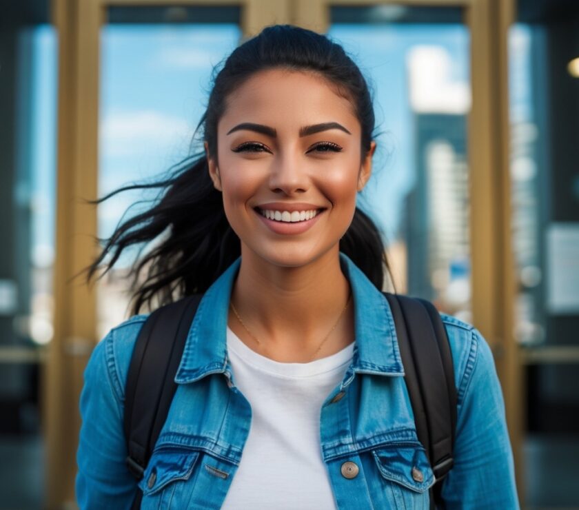 Gen Z woman leaving a bank smiling because of her success having a money mindset.