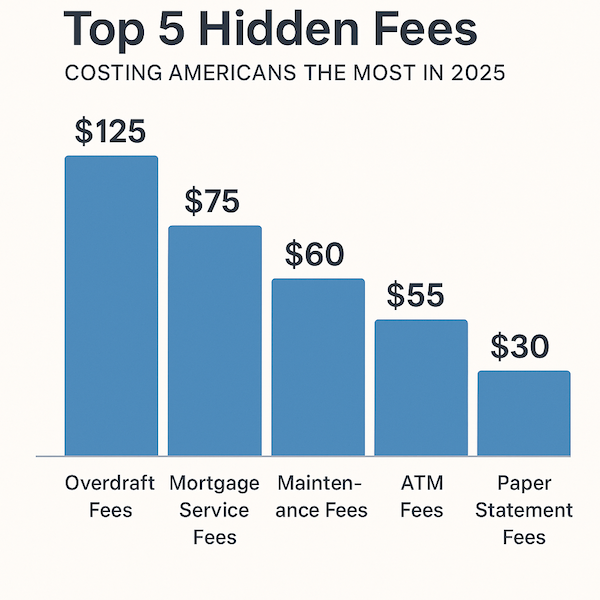 Infographic showing top hidden bank fees in 2025 including overdraft, mortgage service, and maintenance fees.