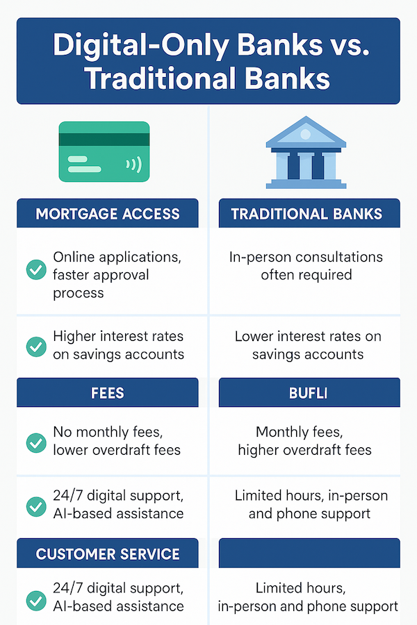 Infographic comparing digital-only banks and traditional banks; includes key differences in mortgage access, savings options, fees, and customer service.