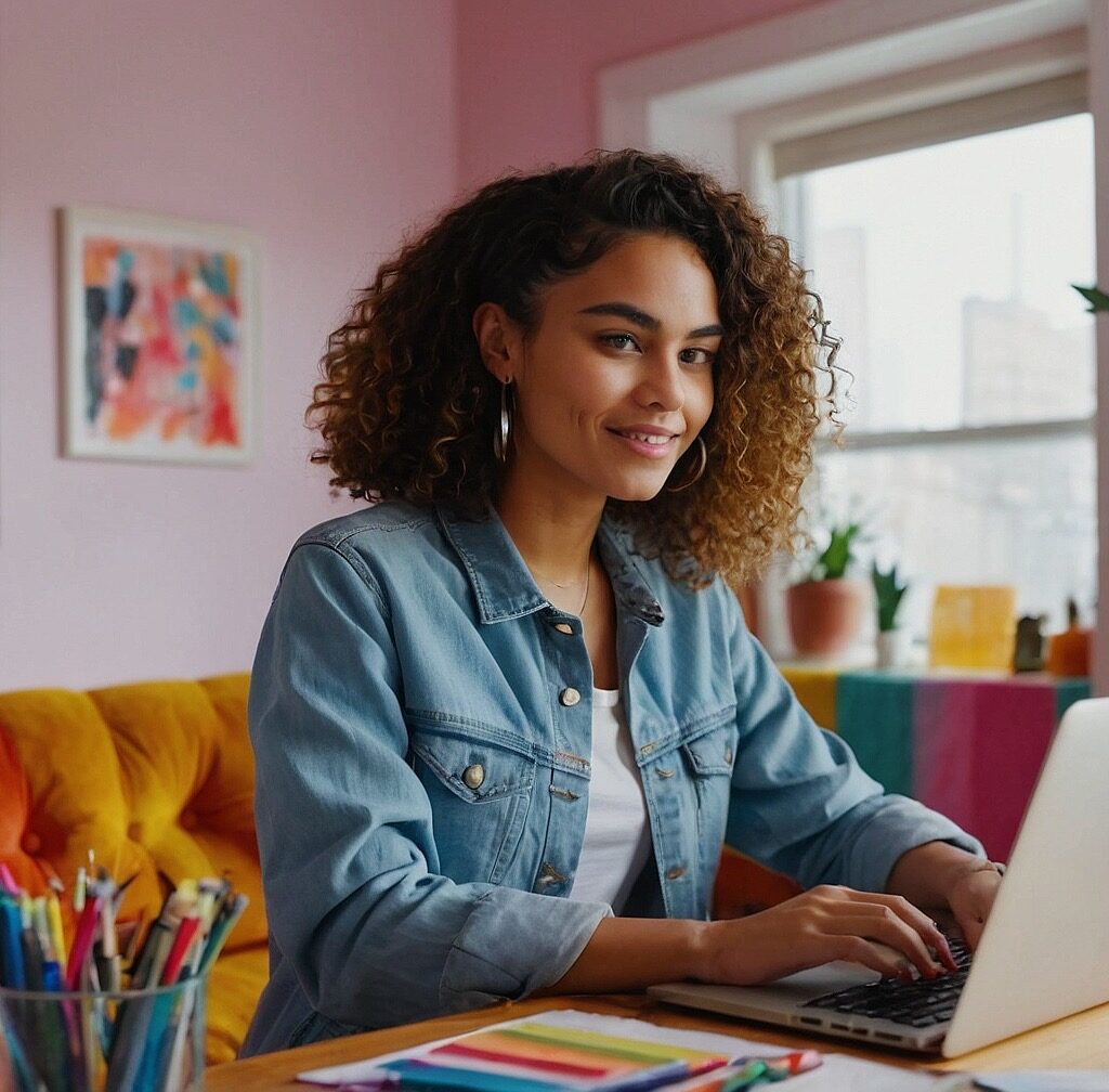 Woman sits at her table checking accounts that contain passive income.