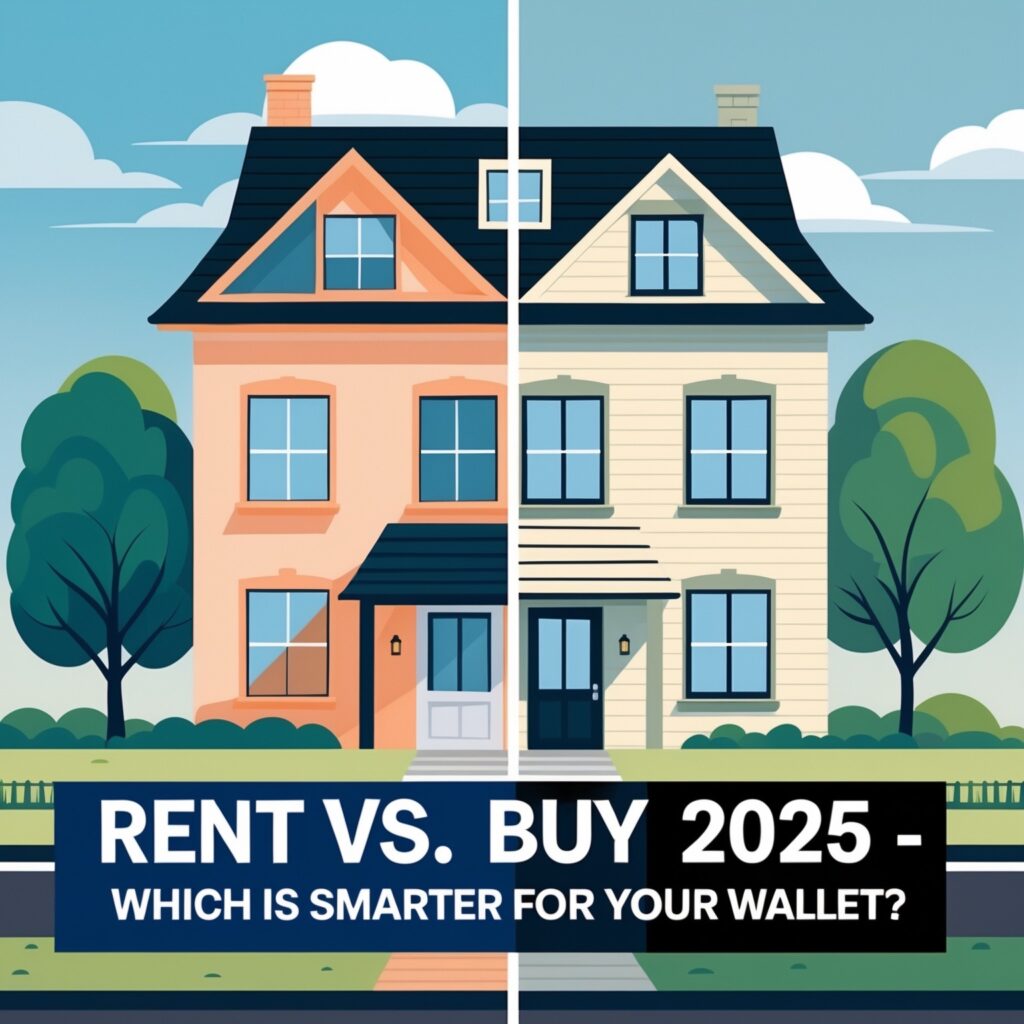 Illustration of a house split down the middle—half rental apartment, half owned home—with text overlay “Rent vs Buy 2025 – Smarter for Your Wallet?” - PersonalOne