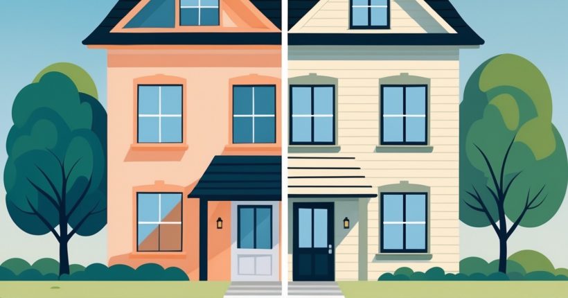 Illustration of a house split down the middle—half rental apartment, half owned home—with text overlay “Rent vs Buy 2025 – Smarter for Your Wallet?” - PersonalOne