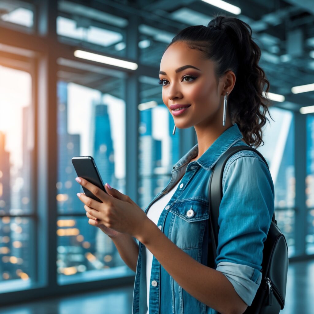 Gen Zer using a phone to manage side hustle; caption: "Top AI tools for small businesses to reach money goals"