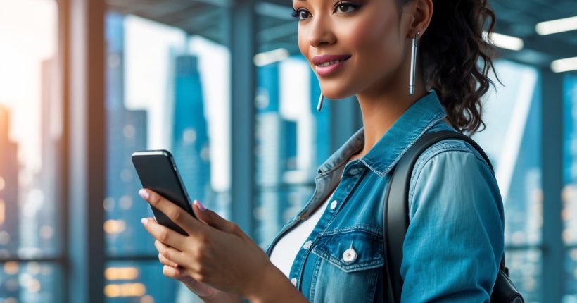 Gen Zer using a phone to manage side hustle; caption: "Top AI tools for small businesses to reach money goals"