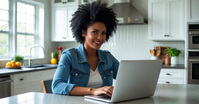 Gen Z woman working on side hustles at home.