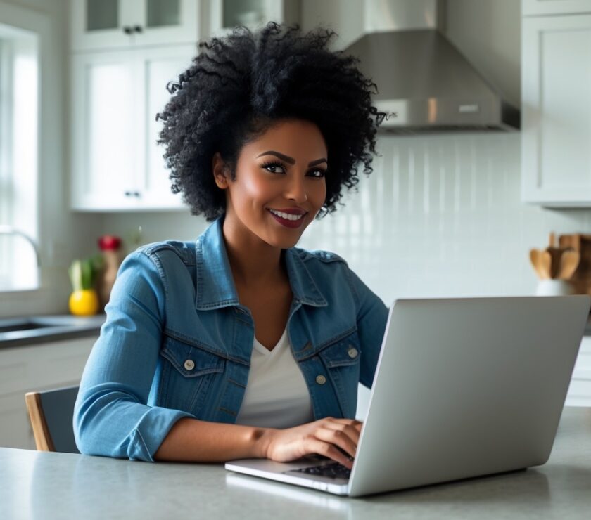 Gen Z woman working on side hustles at home.