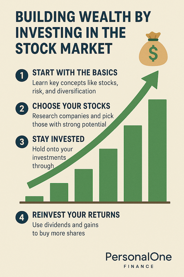 Infographic showing how beginners can build wealth by investing in the stock market over time.