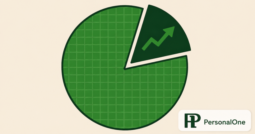 A pie chart with a large grid-patterned slice and one small arrow-marked slice, representing a core-satellite portfolio split between index funds and individual stocks