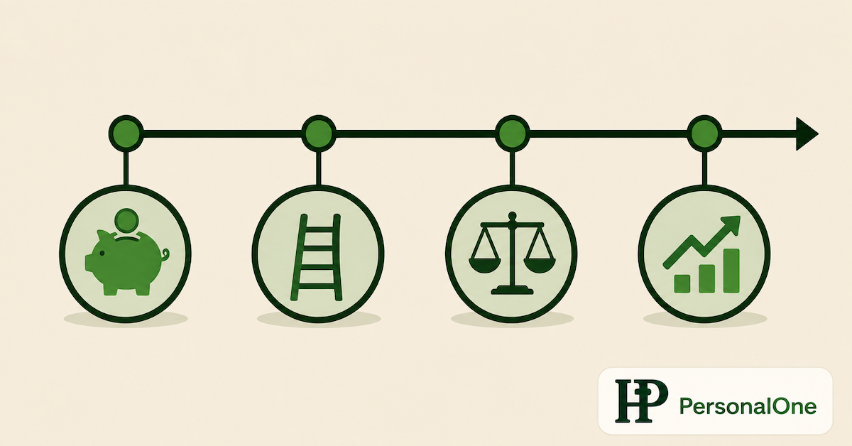 A horizontal timeline with four time buckets, each connected to an icon representing a different type of investment account, illustrating a timeline-based investing framework