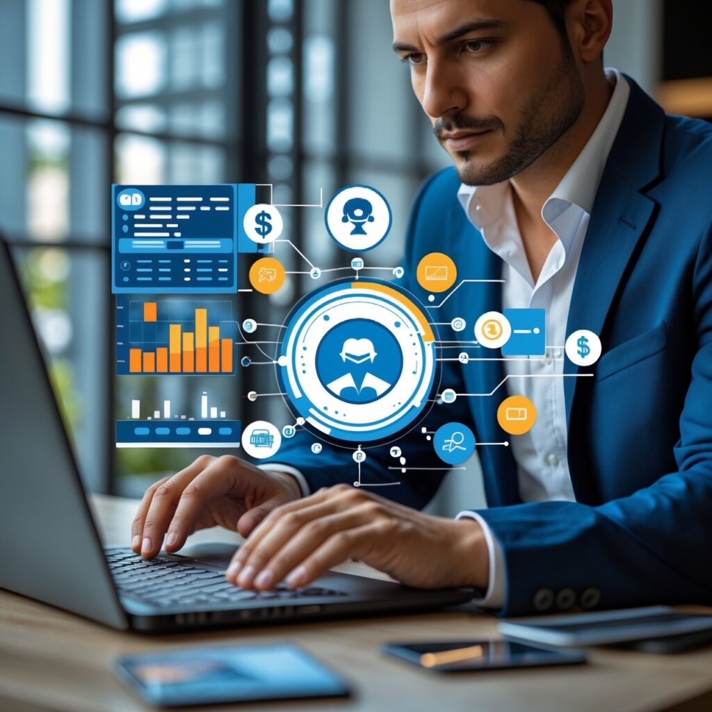 Small business owner using laptop with AI tools – relevant to “money goals with AI”
