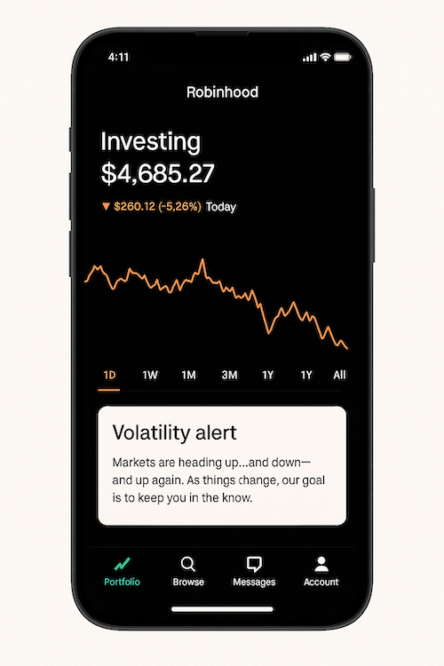 Screenshot of Robinhood investing app dashboard showing volatility alerts