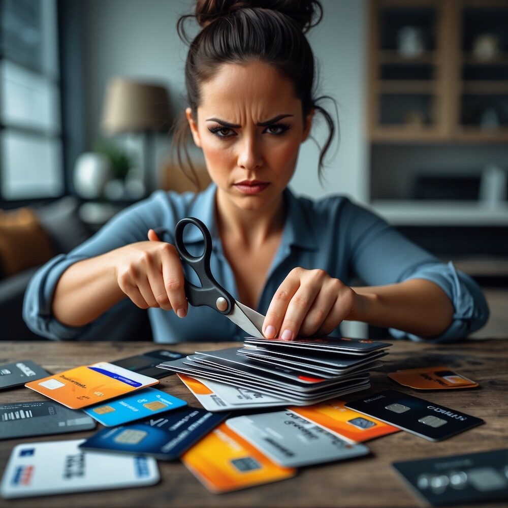 Woman showing how to escape credit card debt fast by cutting payment, budgeting, and side hustle tips.